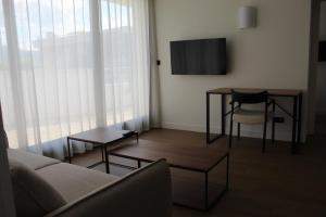a living room with a couch and a table and a television at Hôtel Les Muses in Annecy