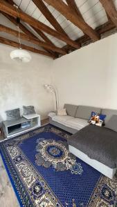 Casa indipendente con giardino privato e posto macchina gratuito في ترييستي: غرفة معيشة مع أريكة وسجادة زرقاء +16 صورة