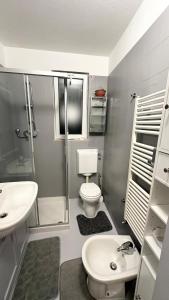 Casa indipendente con giardino privato e posto macchina gratuito في ترييستي: حمام مع مرحاض ودش ومغسلة