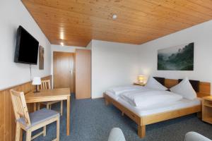 a bedroom with a bed and a desk and a tv at Pension Birgit in Todtnauberg +86 photos