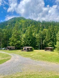 a group of huts in a field next to a road at Chatky na Borovej Sihoti - spoločné wc a sprchy in Podtureň