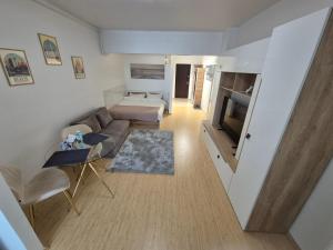 a small living room with a couch and a table at ZenCozy Studio - Free Underground Parking in Bucharest +21 photos