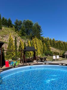 a swimming pool with a picnic table and a gazebo at AgroDomek Rzepiska in Rzepiska