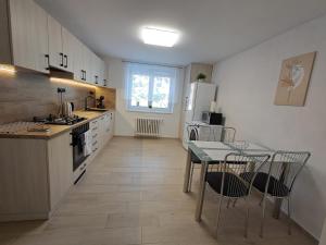a kitchen with a table and a dining room at Apartmán Dukla in Pardubice
