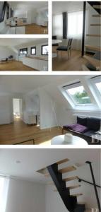 zwei Bilder von einem Wohnzimmer und einer Treppe in einem Haus in der Unterkunft AU PIED DE LA MER AU COEUR DE LA STATION bel appartement contemporain in Bénodet