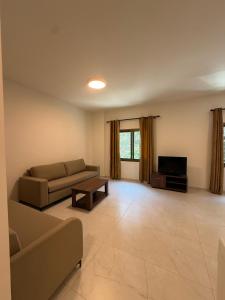 a living room with a couch and a tv at Laforge Residence in Al Bāţiyah