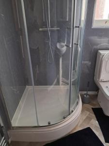 a shower with a glass door in a bathroom at Southfield lodge in Middlesbrough
