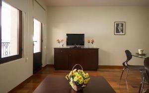 un soggiorno con una televisione e un cesto di fiori di APTOS SOLAINA O PINDO a O Pindo