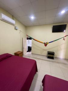 1 dormitorio con 1 cama de color púrpura y TV en Casa Lenca, en Jucuarán 21 fotos más