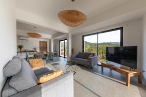 Una sala de estar con un sofá y un televisor de pantalla plana. en NOUVEAU ! Maison de standing avec piscine et climatisation entre mer et montagnes, en Albitreccia