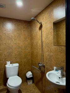 un baño con inodoro y lavabo en mood hotel kazbegi garden, en Kazbegi 19 fotos más
