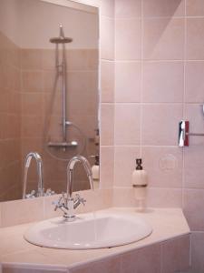 a bathroom with a sink and a shower at Hôtel U Palazzu & Spa - Centre du village in Venaco +31 photos