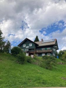 una casa en la cima de una colina con césped verde en Haus Wäscher, en Hirschegg