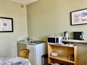 Una pequeña cocina con microondas y nevera. en l OSTAL BLAU, en Rodez