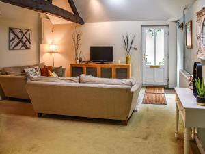 a living room with a couch and a television at The Pool House - Uk48229 in Tibenham