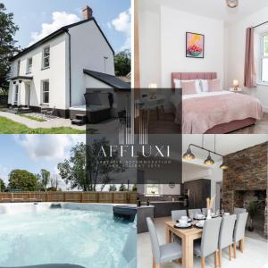 a collage of photos with a house and a pool at Devon Hot Tub Retreat in Bideford