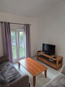 Una sala de estar con televisión y una mesa de café. en Apartments Nuro, en Ulcinj