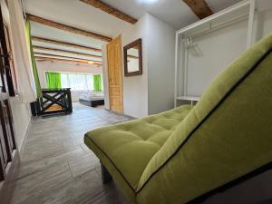a living room with a green couch in a room at Vila Eruga - 3 stele in Poiana Mărului