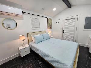 a bedroom with a bed and a mirror at Comfy Tiny Home WP Large Private Deck Queen bed in Orlando