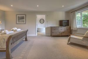 Schlafzimmer mit einem Bett, einem TV und einer Badewanne in der Unterkunft Ben Lawers Rest Cabin - Hot Tub and Loch Tay Vistas in Lawers