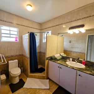 une salle de bain avec un lavabo, des toilettes et un miroir dans l'établissement Jackson Breezy Vacation and Venue Rental Barbados, à Saint Michael