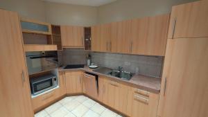 a kitchen with wooden cabinets and a sink and a microwave at Le Mtx Marché in Montreux