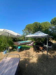 a picnic table under an umbrella next to a pool at Appartamenti in Villa incanto dei trabocchi Un gioiello esclusivo tra mare e natura in Treglio