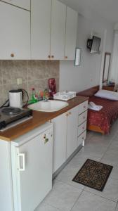 Una cocina con fregadero y una cama en una habitación. en Star Apartment, en Kallithea Halkidikis