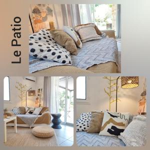a collage of pictures of a bedroom with a bed at Le Patio 4*. SPA, jardin, piscine en provence, proche Grignan in Saint-Paul-Trois-Châteaux