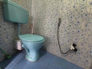 a bathroom with a blue toilet in a tiled wall at Hotel O Sun View in Gangtok