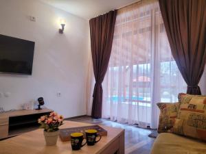 a living room with a couch and a large window at Къща за гости Алтея in Sarovtsi