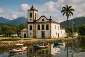 パラチにあるPousada dos Navegantesの前方の水上に船が乗る教会