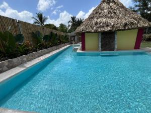 a resort swimming pool with a thatch roof at Lamanai Hotel & Marina in Orange Walk