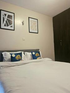 een slaapkamer met een bed met blauwe en witte kussens bij One Bedroom Apartment by Birnes Haven in Ongata Rongai 