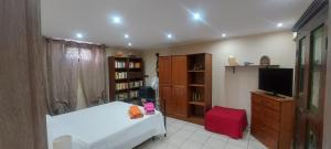 a bedroom with a white bed and a television at Casa degli Ulivi in Belvedere