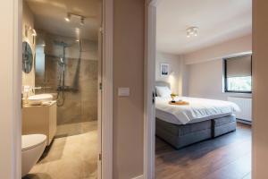 a bedroom with a bed and a bathroom with a shower at Apartament Plaza - Self Check-in in Gura Humorului +46 photos