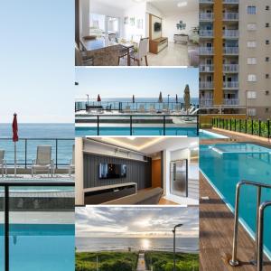 eine Collage mit Fotos eines Hotels mit Pool in der Unterkunft Aptos completo com vista mar pé na areia em Barra Velha em condomínio Resort com Spa, Piscina, quadra de futebol, Sala de jogos, brinquedoteca, Complexo com diversos comércios in Barra Velha