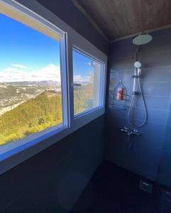 a bathroom with a shower and two windows with a view at Guesthouse in a countryside 