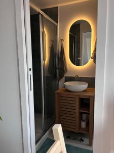 a bathroom with a sink and a shower and a mirror at Agréable appartement neuf et lumineux in Saint-Ouen-lʼAumône +1 photo