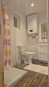 a white bathroom with a toilet and a window at Location moderne plein pied Sanary sur mer 4 pers max Léchappée belle 7 minutes en voiture du centre ville port marché et plages grand espace extérieur parking gratuit in Sanary-sur-Mer +18 photos