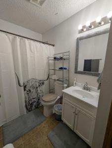 a bathroom with a toilet and a sink with a cow shower curtain at By State Fair 5 bedrooms 2 baths in Des Moines +26 photos
