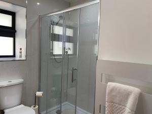 a bathroom with a glass shower with a toilet at Sun Valley Retreat in Milton +24 photos
