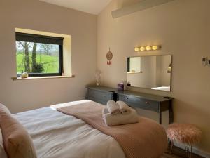 a bedroom with a bed with a mirror and towels at Sun Valley Retreat in Milton