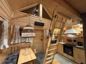a kitchen with a loft bed in a cabin at Osada na Skale Domek z kominkiem in Istebna
