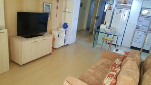 a living room with a couch and a flat screen tv at Flat em Boa Viagem in Recife
