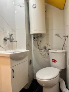 a bathroom with a toilet and a sink at Мансарда in Nesebar