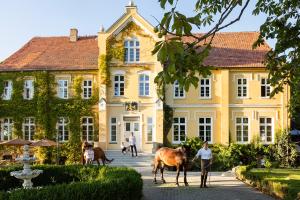 a large yellow building with horses in front of it at Neu renovierte, komplett ausgestattete Ferienwohnung mit 2 Schlafzimmern in Neu Gaarz