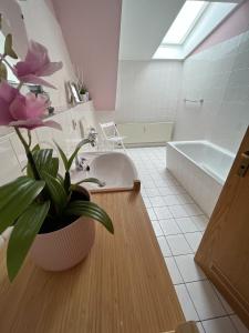 a bathroom with a sink and a potted plant at K2-Project - Hotspot - am Puls der Stadt in Chemnitz