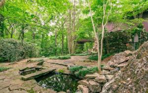 ein Steingarten mit Teich und Bäumen in der Unterkunft Stoneflower Cottage in Heber Springs + 59 Fotos