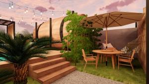 a rendering of a patio with a table and an umbrella at Cabanas Farol in Pântano Grande